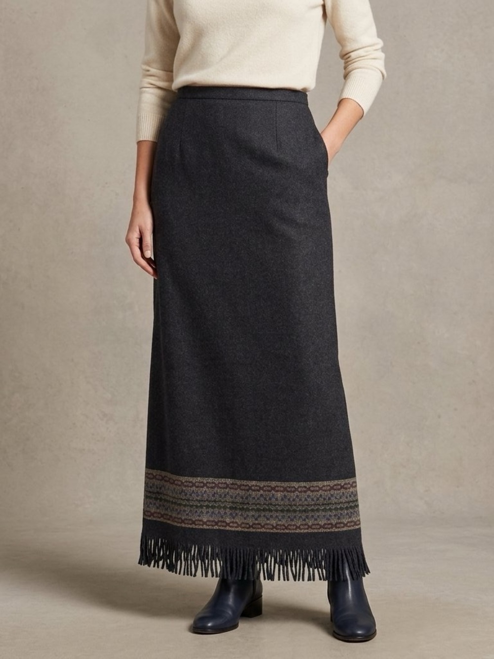 Willi Smith Charcoal Wool Maxi Skirt Fringed Hem Made in Italy Vintage Boho